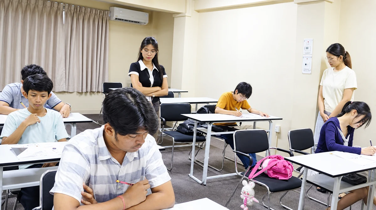 Students practising English in an examination classroom